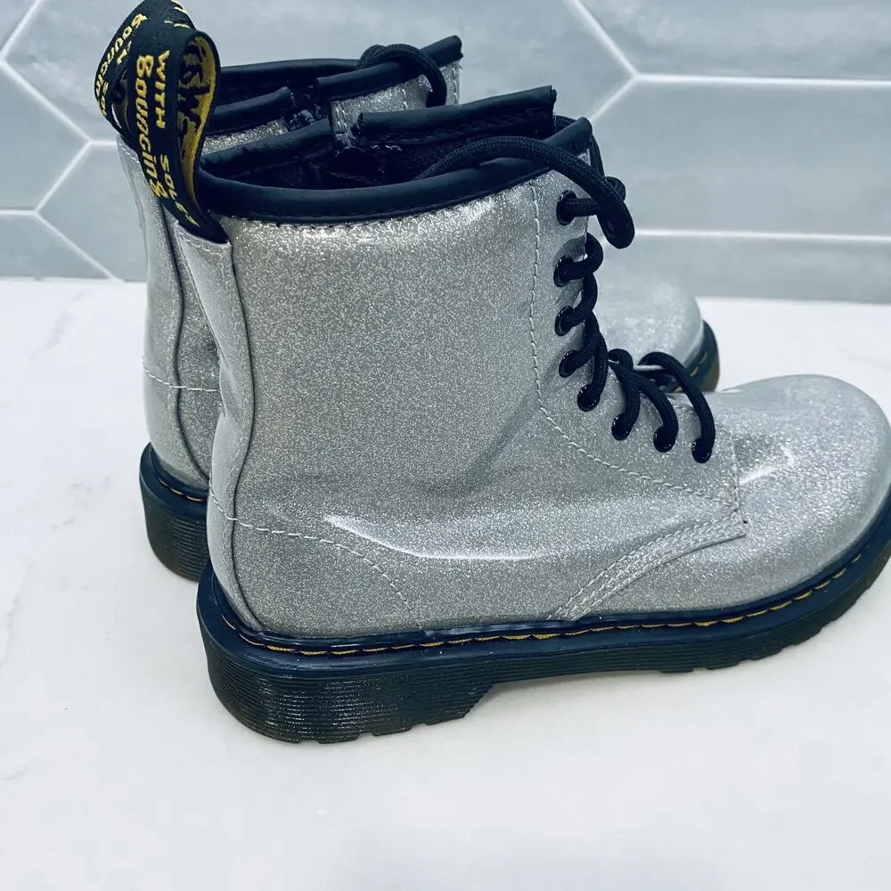 Dr Martens Boots Girls Size 3 Glitter J Youth Silver Lace Up Combat Shoes 1460